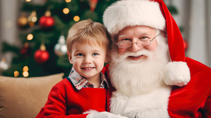 Santa Claus with little boy at home. Christmas and New Year concept.
