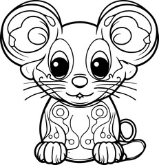 a cartoon, a cute (mouse) coloring page, black and white