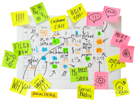 Calendar with business appointments and adhesive notes,monthly schedule. Business concept,beat the clock. Isolated on transparent background, png file