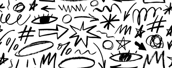 Fun childish line doodle shapes seamless pattern. Charcoal drawn stars.