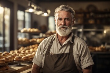 bearded senior male baker in uniform and apron standing at counter in bakery. ai generative - obrazy, fototapety, plakaty