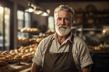 Fotobehang bearded senior male baker in uniform and apron standing at counter in bakery. ai generative © Igor