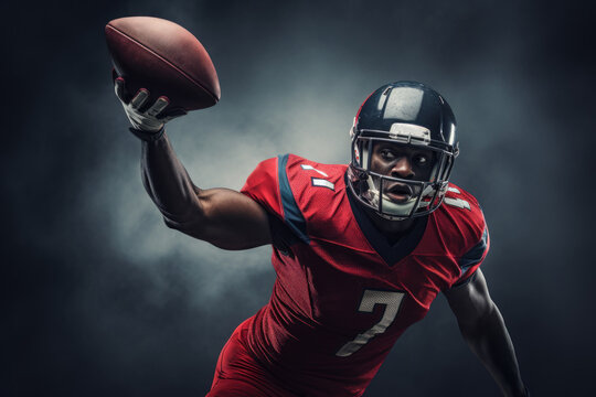 American football player. Sportsman with ball in helmet in action. Sport and active lifestyle