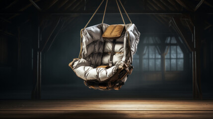 A skydiving parachute, draped over a wooden chair - obrazy, fototapety, plakaty