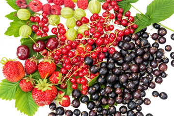 Various of fresh ripe strawberries, gooseberries, blackcurrant, red currant, raspberries and green leaves on the white background