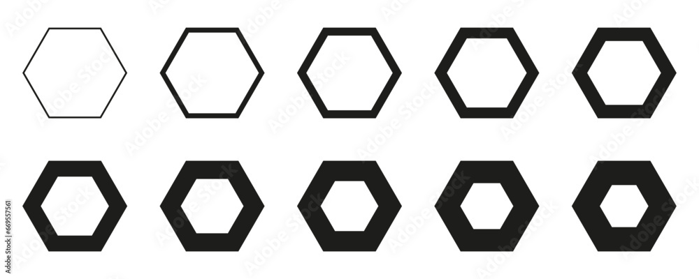 Poster hexagon set from thin to thick line, set of geometric shapes form, hexagon icons collection, differe