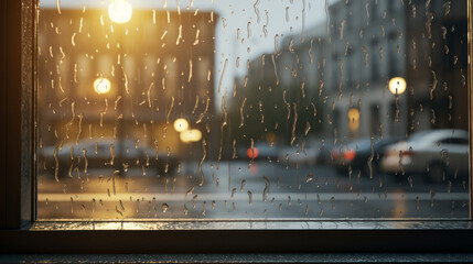 A single window illuminated by a street lamp, rain drops streaming down the glass