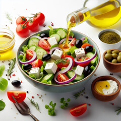 Greek salad fresh components dropping into bowl against white background. ai generative