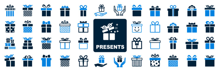 Present box set icons, collection gift signs, surprise present box isolated - stock vector