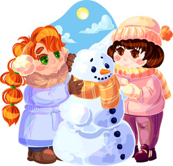 two cute girls make a snowman together