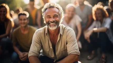 Fotobehang Portrait of happy smiling mature men celebrating life outside © Milan