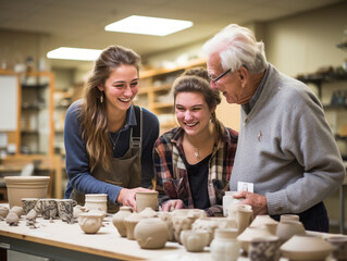 A Photo of an Older Couple Learning Pottery with a Young Instructor