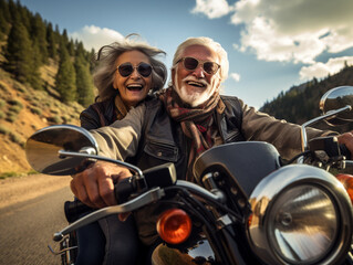 Fototapeta na wymiar A Photo of an Older Couple on a Motorcycle Road Trip Through a Scenic Route