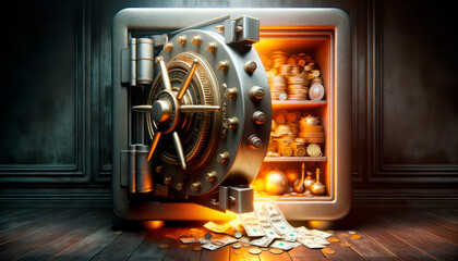 Bank safe with money and gold coins. Generative AI