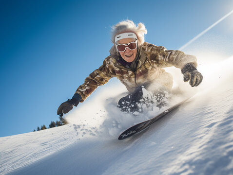 A Photo of an Elderly Woman Snowboarding Down a Snowy Slope