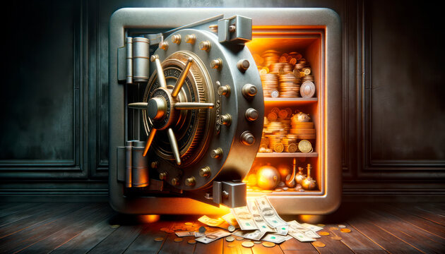 Bank safe with money and gold coins. Generative AI © Who is Danny