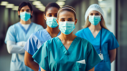 Portrait of a group of medical workers in protective masks in a hospital