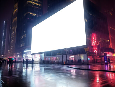 Blank Billboard In City At Night. Mock Up. Generative AI