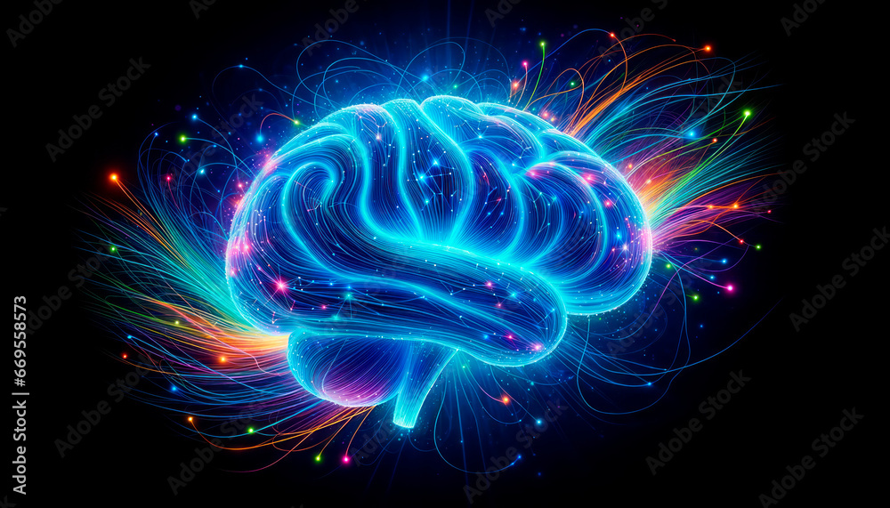 Aufkleber human brain with glowing particles on black background. generative ai