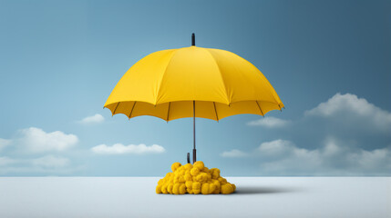 A single umbrella stands against a cloud-filled sky, its bright yellow fabric standing out against the dull, grey backdrop - obrazy, fototapety, plakaty