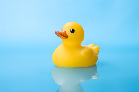 Single yellow swimming rubber duck on blue background
