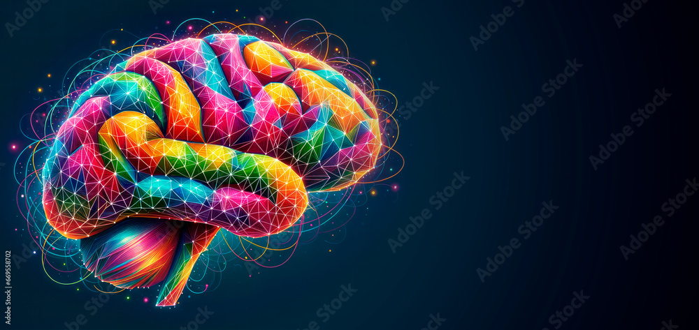 Aufkleber human brain with colorful abstract connections on black background. generative ai
