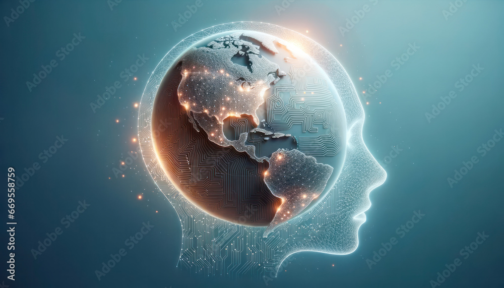 Poster Human head with digital circuit hologram. Artificial intelligence concept. Generative AI