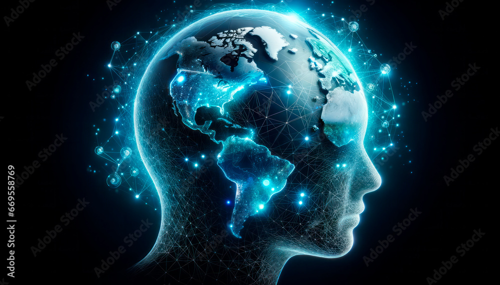 Poster Digital human head with global network connection on dark background. Generative AI