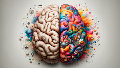 Right and left hemisphere of the brain creative concept. Generative AI - obrazy, fototapety, plakaty