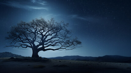 Fototapeta na wymiar A single tree stands silhouetted against the night sky