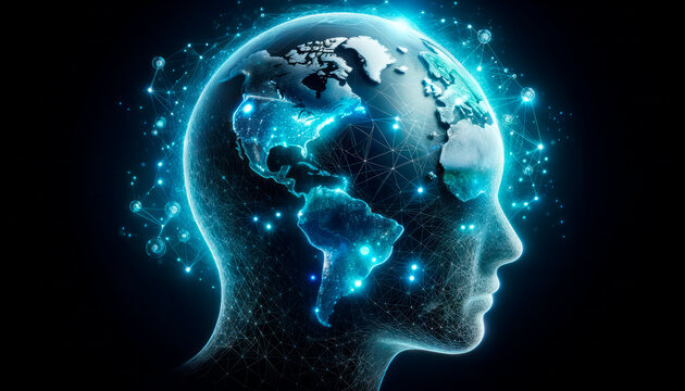 Fototapeta Digital human head with global network connection on dark background. Generative AI
