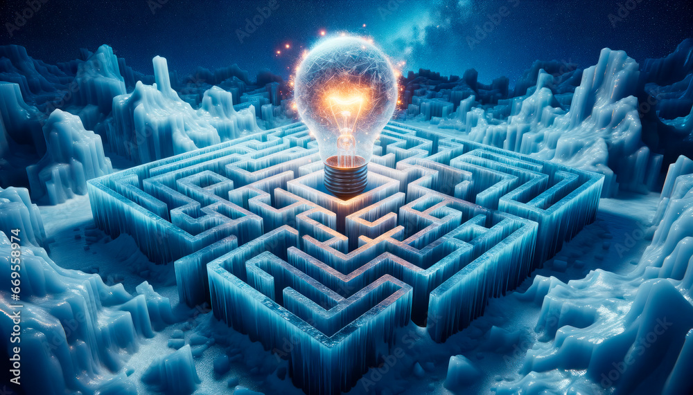 Aufkleber conceptual image with glowing light bulb and maze. generative ai