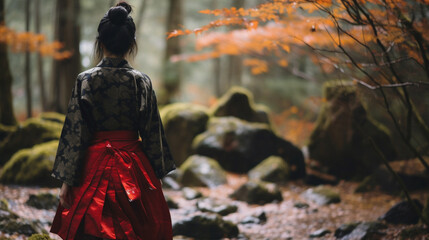 A Japanese woman in traditional clothing is walking away.