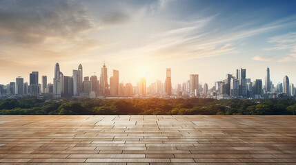 photo taken of the floor with the skyline at sunrise in the background - obrazy, fototapety, plakaty
