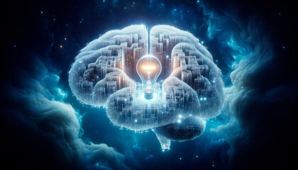 Creative brain with lightbulb on dark background. Artificial intelligence and idea concept. Generative AI