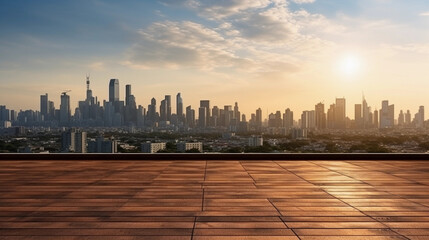 Obraz premium photo taken of the floor with the skyline at sunrise in the background