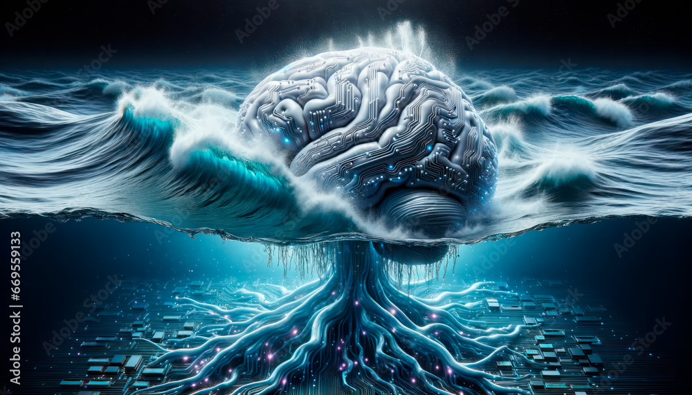 Poster human brain in cyberspace. artificial intelligence concept. generative ai