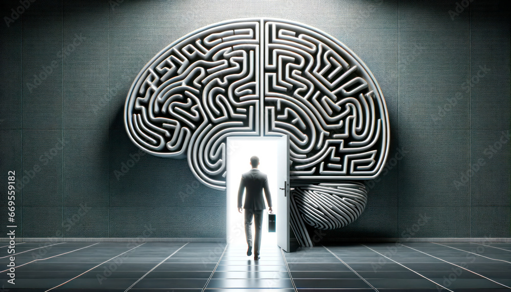 Poster businessman walking in a maze and looking at the exit. generative ai