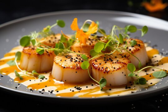 Luxury dish - grilled scallops with creamy espuma. Roasted scallop with cream sauce on plate. Delicacy seafood in restaurant menu - sea scallop