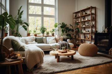 Design of modern living room. Warm and cozy composition of Scandinavian interior