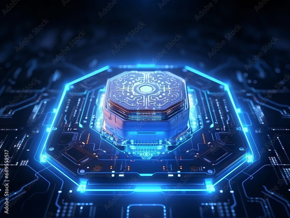 Poster cpu with circuit board on dark blue background. Generative AI