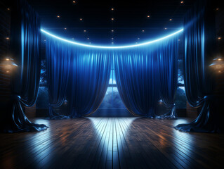 Blue stage curtain with spotlights in a dark room. Generative AI - obrazy, fototapety, plakaty