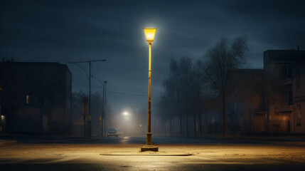 A single streetlamp illuminates a deserted street, its light reflecting off of the cobblestones