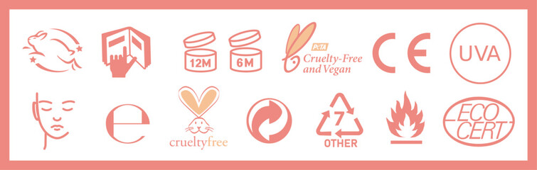 Cosmetics packaging symbols set. Handbook general symbols. Set of natural cosmetics design packaging elements, icons. Vegan, Cruelty Free, Organic and Natural.