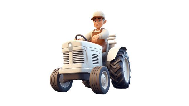 3d farmer driving the tractor on a white background 