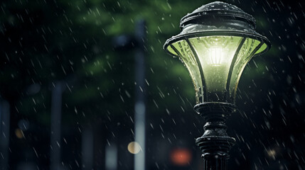 A single street lamp stands against a backdrop of rain, its light creating a halo of light around it - obrazy, fototapety, plakaty