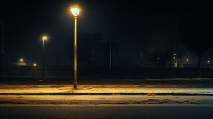 A single streetlight illuminates the empty street, its yellow glow the only sign of life