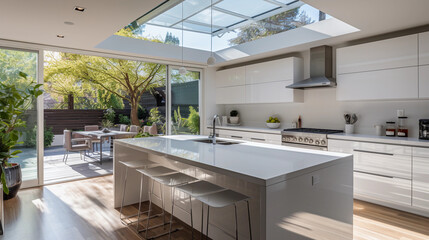 A modern, minimalist kitchen with sleek white countertops and stainless steel appliances