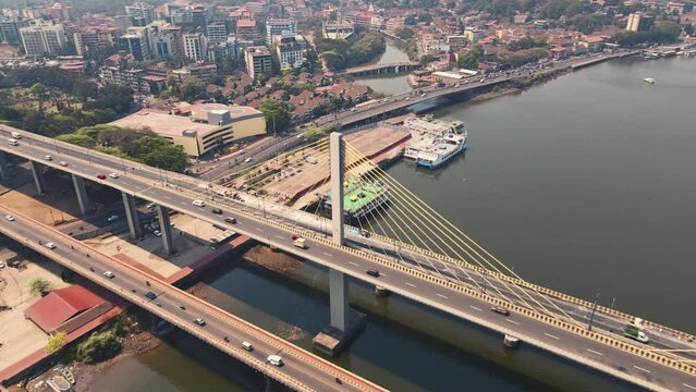 Aerial view of the Bridge over Mandovi river in Panjim Goa, Locally known as Atal Setu, is one of the largest cable-stayed bridges. Famous tourist destination, Goa, India. Developing India concept.