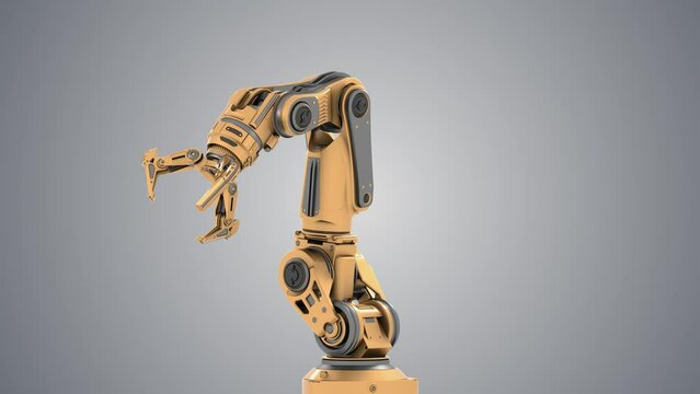 Robotic arm or yellow mechanical hand computing different movements. Industrial robot manipulator showcase. Futuristic technology. Isolated on color background with alpha. 3d rendering animation